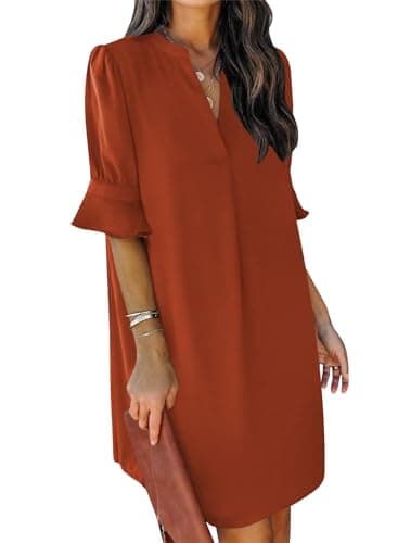 QACOHU V-Neck Ruffle Short Sleeve Simple Solid Color Slim Fit Summer Music Festival Mini Dress Brown XL