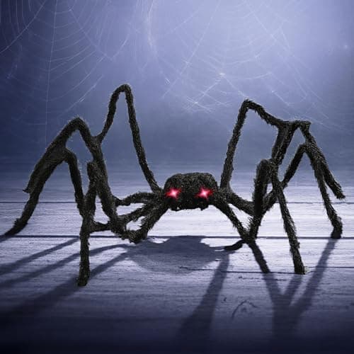 PREXTEX Halloween Spider with Light Up Eyes LED Lights Decorations 4 Ft Hairy Spider Prop with Giant LED Red Eyes Halloween Decor for Indoor Outdoor Golf Cart Wall Door Hanger