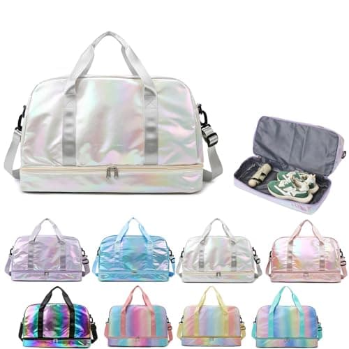 Holographic Shimmering Gym Duffle Bag with Shoes Compartment Wet Pocket Women Weekend Overnight Travel Bag Gymnastic Dance Bag for Girl white