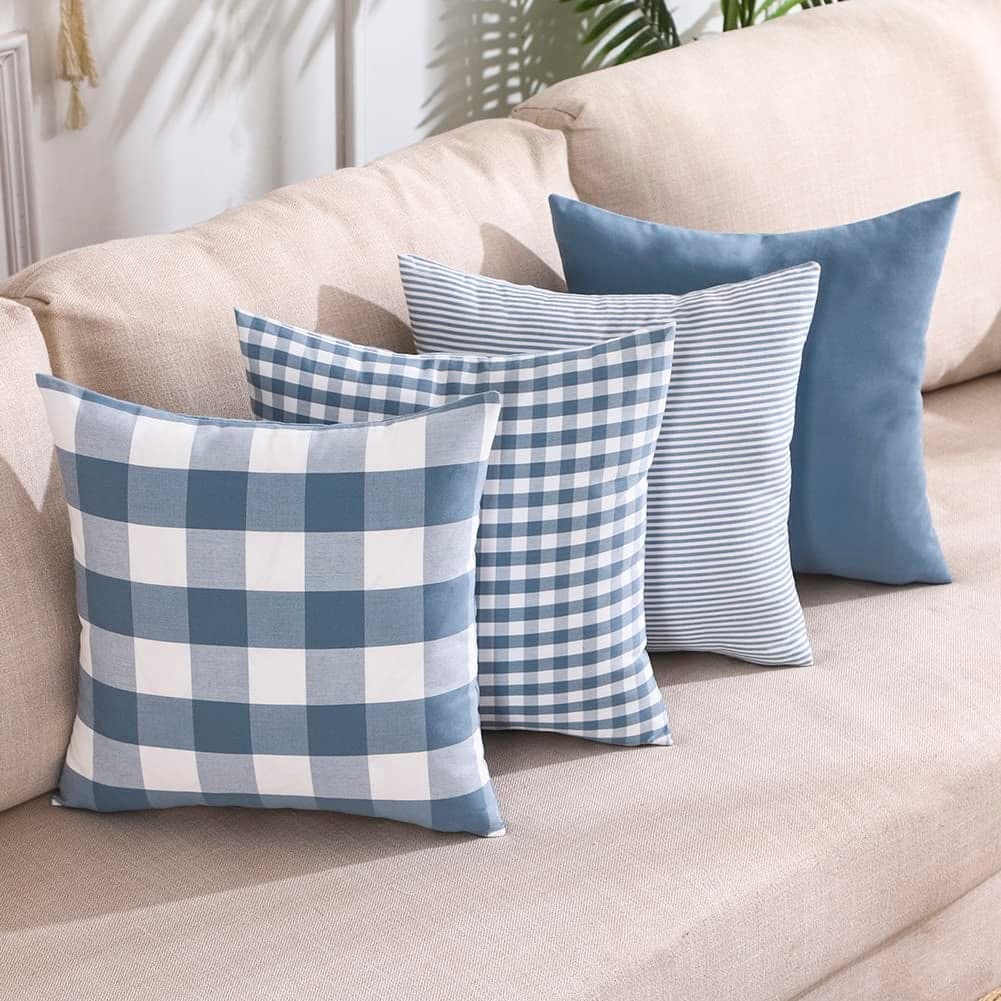 CARRIE HOME Light Blue Pillow Covers Farmhouse Plaid Throw Pillows 18x18 Set of 4 Spring Summer Blue Decorative Pillow Neutral Decor for Couch Sofa and Porch Chair Gray Blue