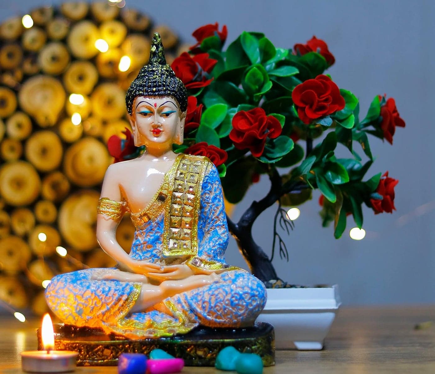 GW Creations Handcrafted Polyresin Buddha Statue with Artificial Bonsai PlantsMeditationDhyan Buddha Statue Lord FigurineIdolMeditating Sitting White Grey Blue 98inch Artificial015