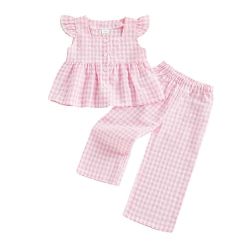 GOOCHEER Toddler Girl Clothes Baby Summer Outfits Plaid Ruffle Sleeveless Vest Tank Tops Pants Set 12 18 24 Month 2T 3T 4T (#Flying-Pink, 18-24 Months)