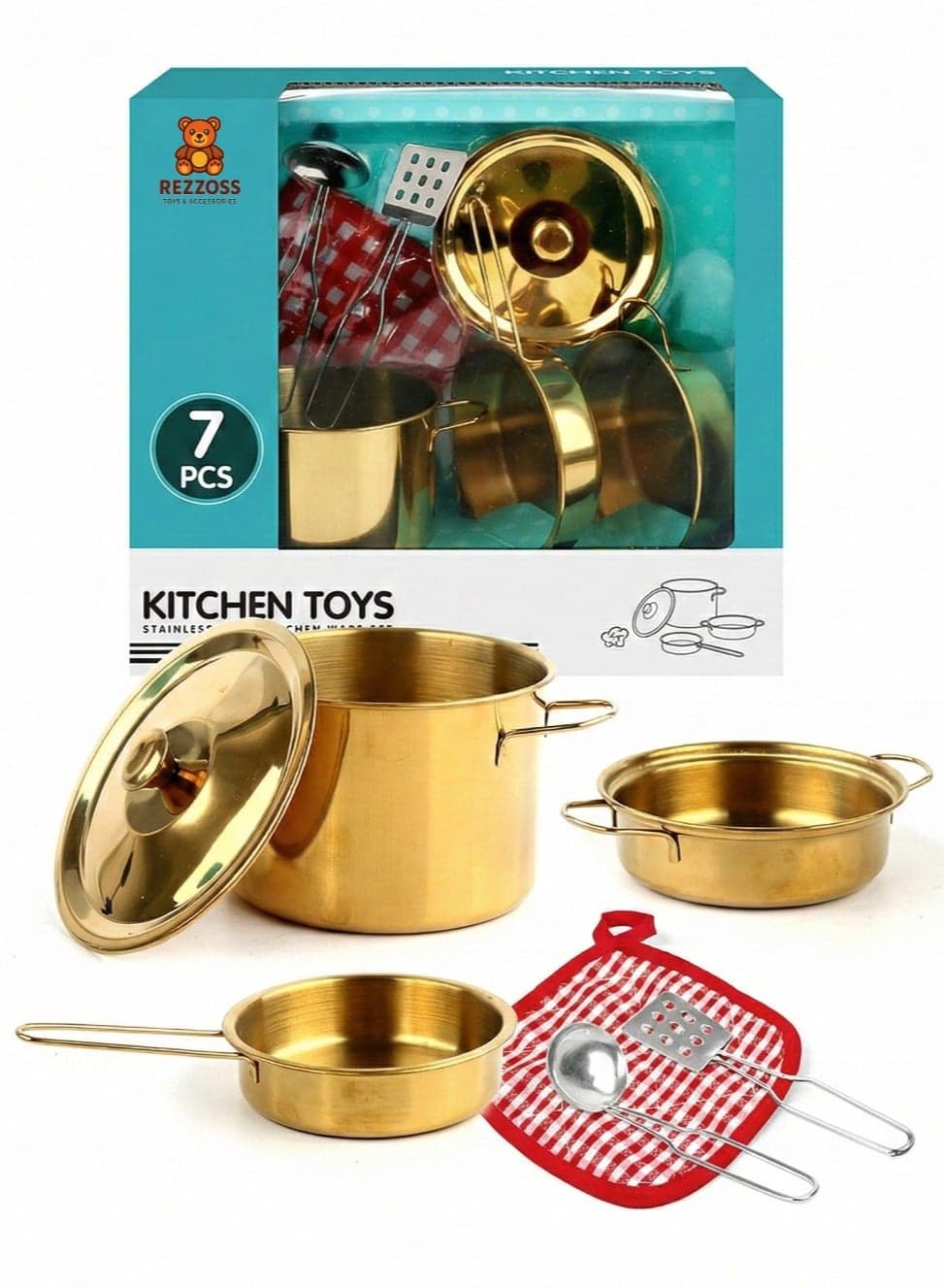 7-Piece Kids Kitchen Playset | Premium Gold Stainless Steel Pretend Play Pots and Pans Set | Includes Cooking Utensils, Lids & Pot Holder | Educational Toddler Chef Toys for Boys & Girls | Eid Ramadan Birthday Christmas Gift for Kids