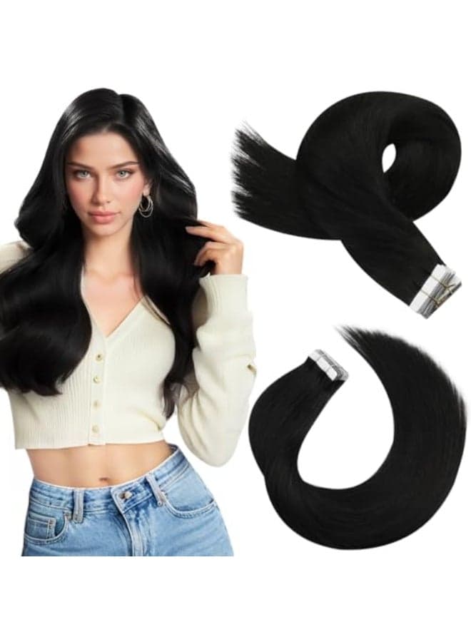Moresoo Black Tape in Human Hair Extensions Invisible Tape in Extensions Real Human Hair Natural Black Hair Extensions Human Hair Glue in Seamless Extensions Straight 16 Inch 1B 20pcs 50g