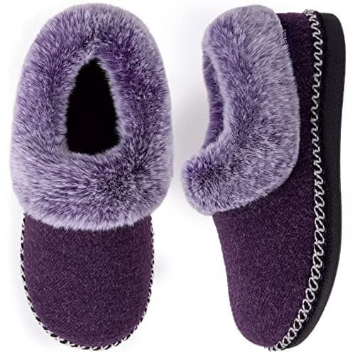 EverFoams Women's Bootie Slippers Warm Soft Comfy Memory Foam Non-slip Indoor House Shoes with Fluffy Collar (Purple, Size 10 M US)