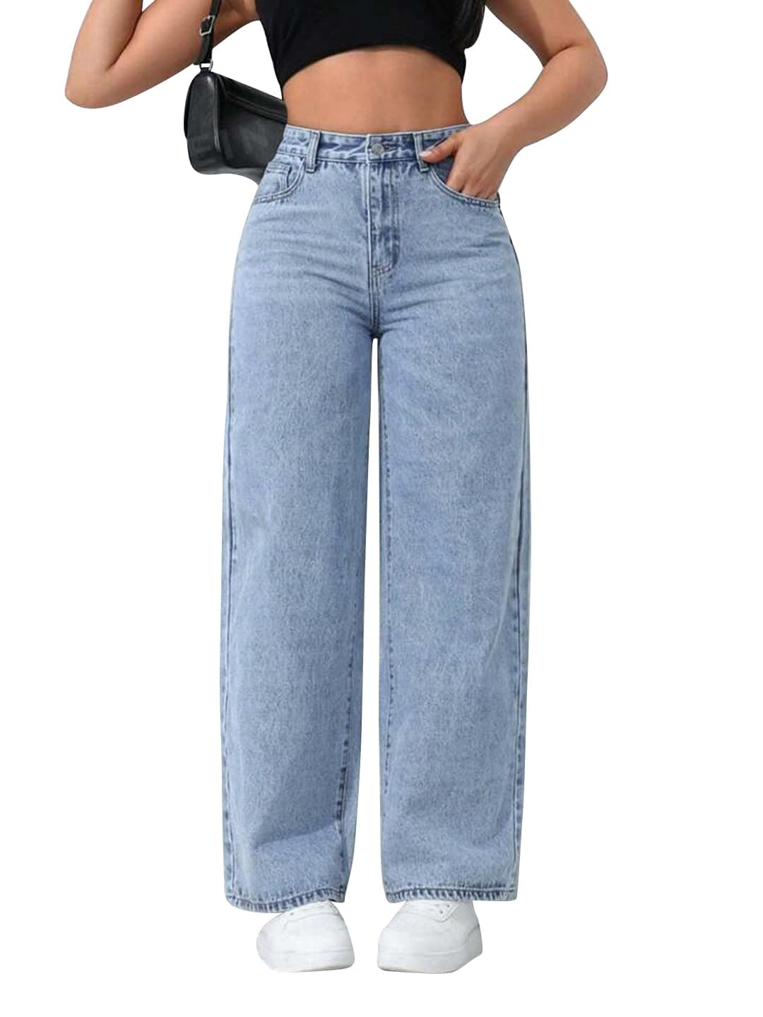 CHKOKKO Women High Rise Denim Solid Regular Fit Jeans Iceblue 28