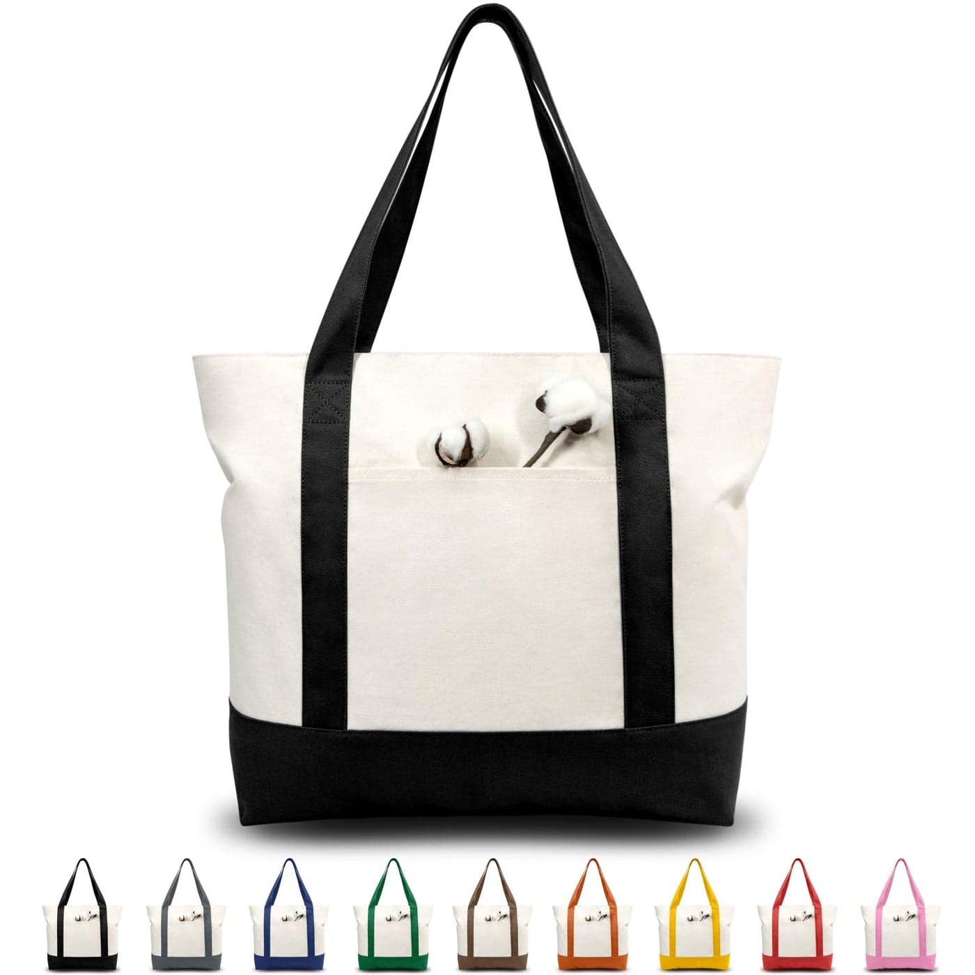 TOPDesign 1 3 6 30 Pack Canvas Tote Bag with an External Pocket Reusable Grocery Shopping Bag Top Zipper Closure Daily Essentials BlackNatural Pack of 1