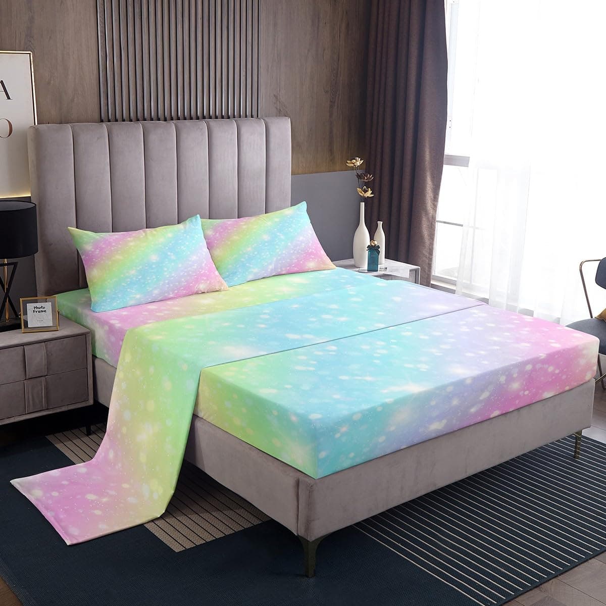 Erosebridal Rainbow Bedding Sets for Girls Kids Teens Tie Dye Pastel Bed Sheet Set Full Size Golden Glitter Girly Sweet Sheet Set Abstract Watercolor Art Fitted Sheet Flat Sheet 2 Pillow Cases