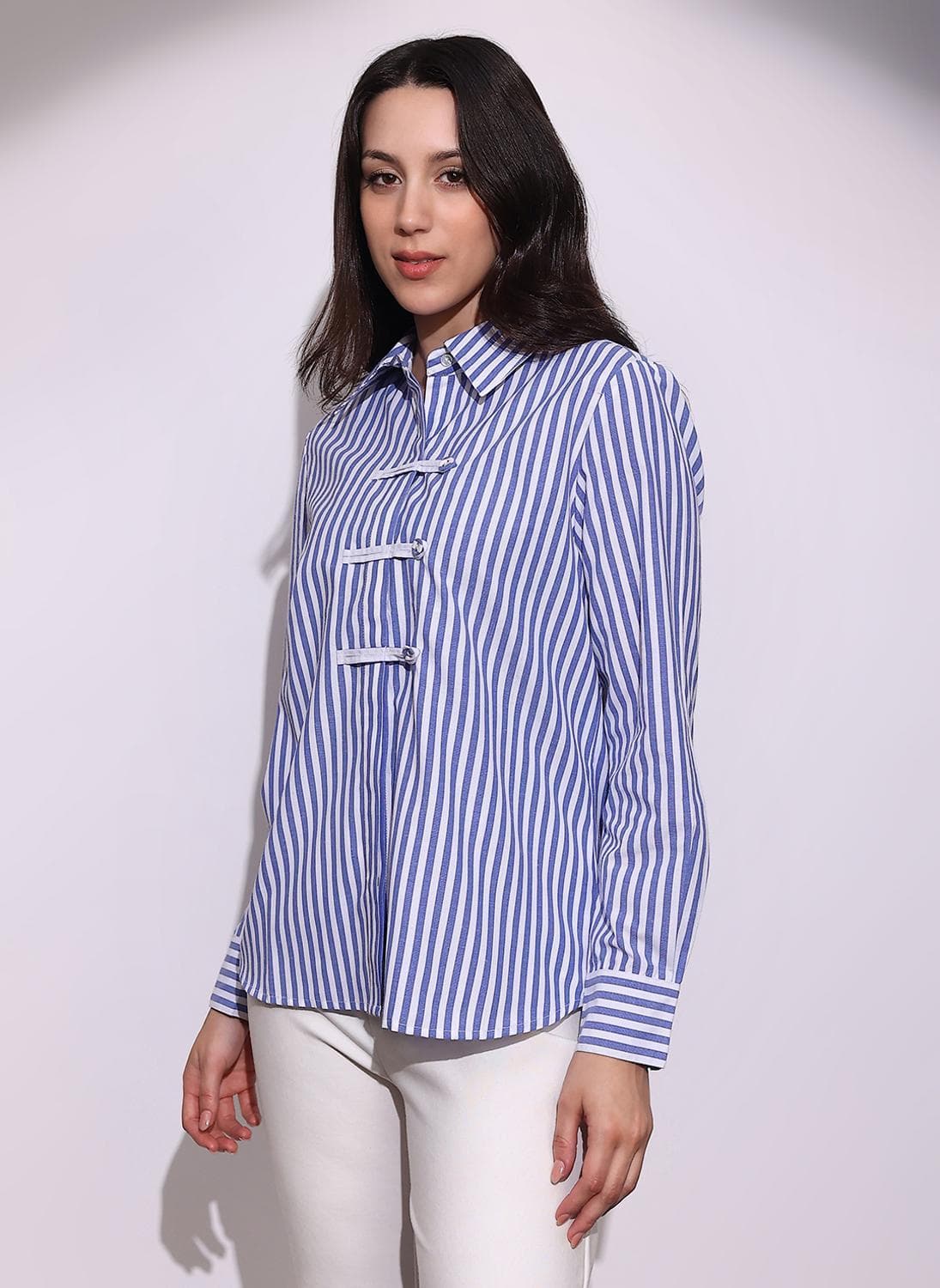 Globus Women's Blue Formal Shirt with Spread Collar and Vertical Stripes