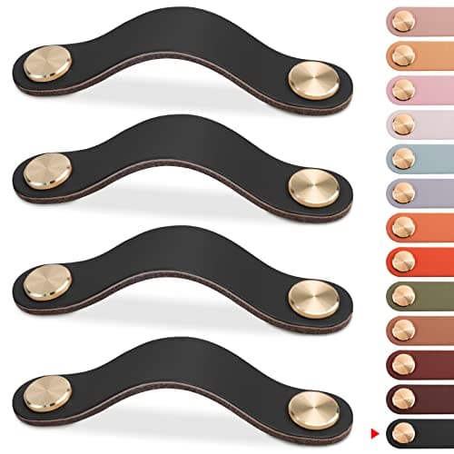 LEREATI 4 Pack Leather Drawer Pulls Black Cabinet Handles 5 inch Dresser Knobs Cabinet Door Handle, Faux Leather Pulls for Dresser, Closet, Kitchen Cupboard (5in Hole Center, Black)