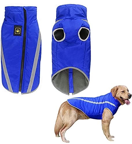 KUTKUT Windproof Warm Dog Winter Jacket, Reflective Waterproof Polar Fleece Lining Wind Breaker with Leash Hole Pet Warm Clothing for Large Dogs. (Blue, Size: 5XL, Chest: 78cm)