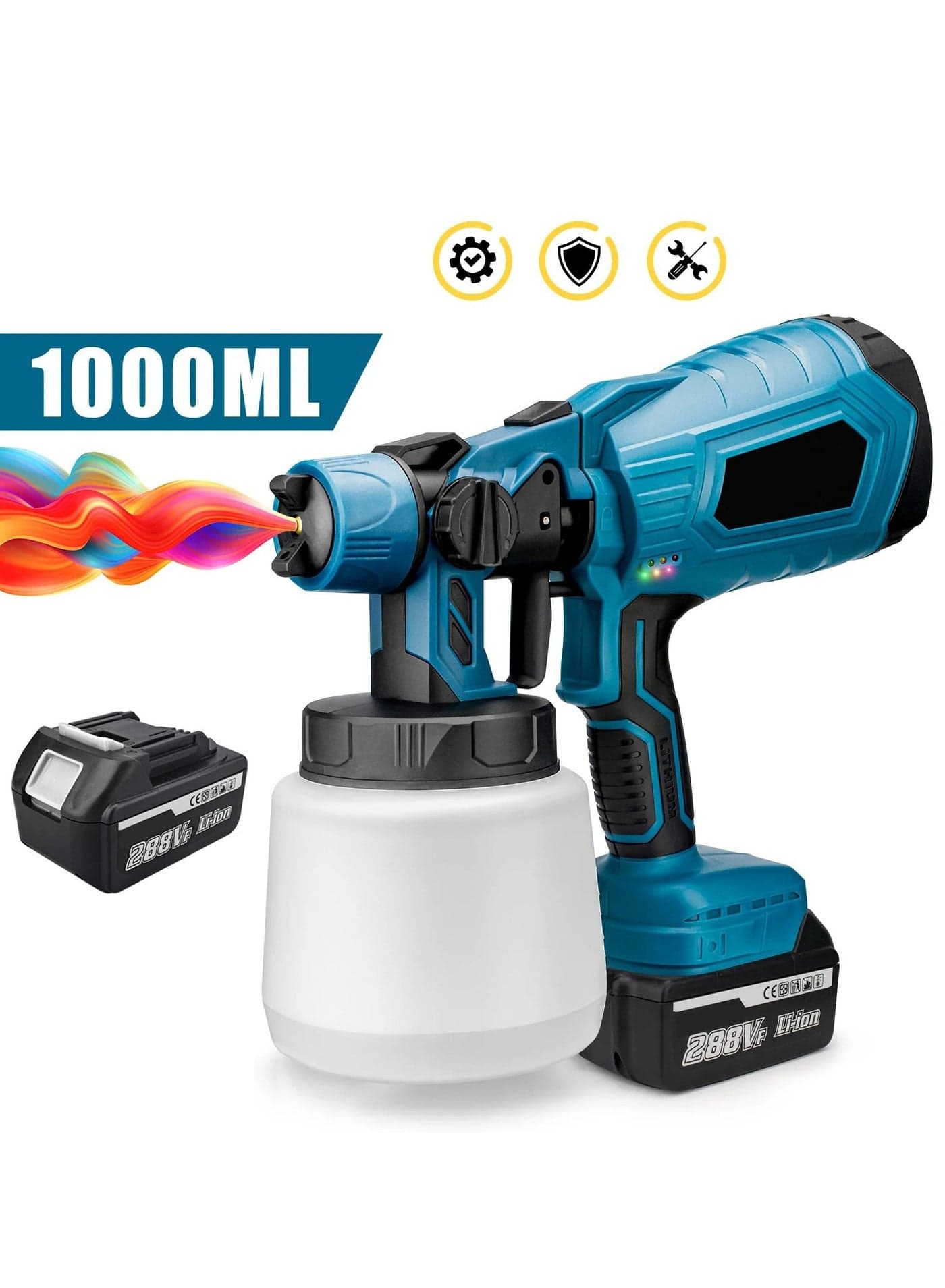 1000ML Cordless Electric Spray Gun High Power Paint Sprayer Auto Furniture Steel Coating Airbrush for Furniture/Cabinets/Fence/Walls/Door,One battery