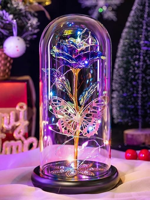 BKQPTL Gifts for Women Galaxy Glass Rose Flowers Birthday Gifts Forever Eternal Crystal Light Up Rose in Glass Dome with Butterfly Presents for Her Mom Sister Wife Girlfriend Purple 1 PCMulticolor