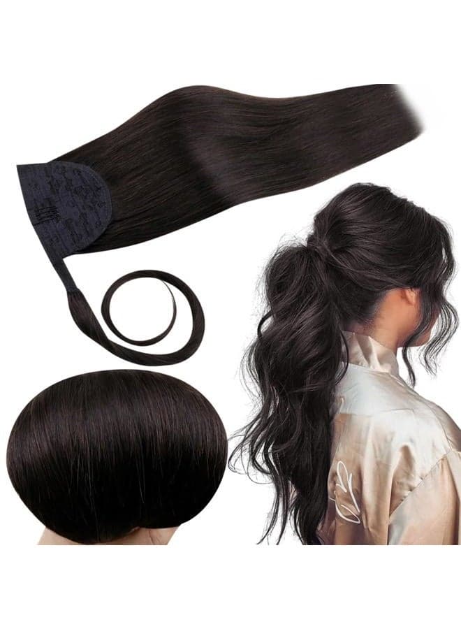 Human Hair Ponytail Extension, Off Black Ponytail Hair Extensions Real Human Hair, Soft Straight 70g #1B Off Black