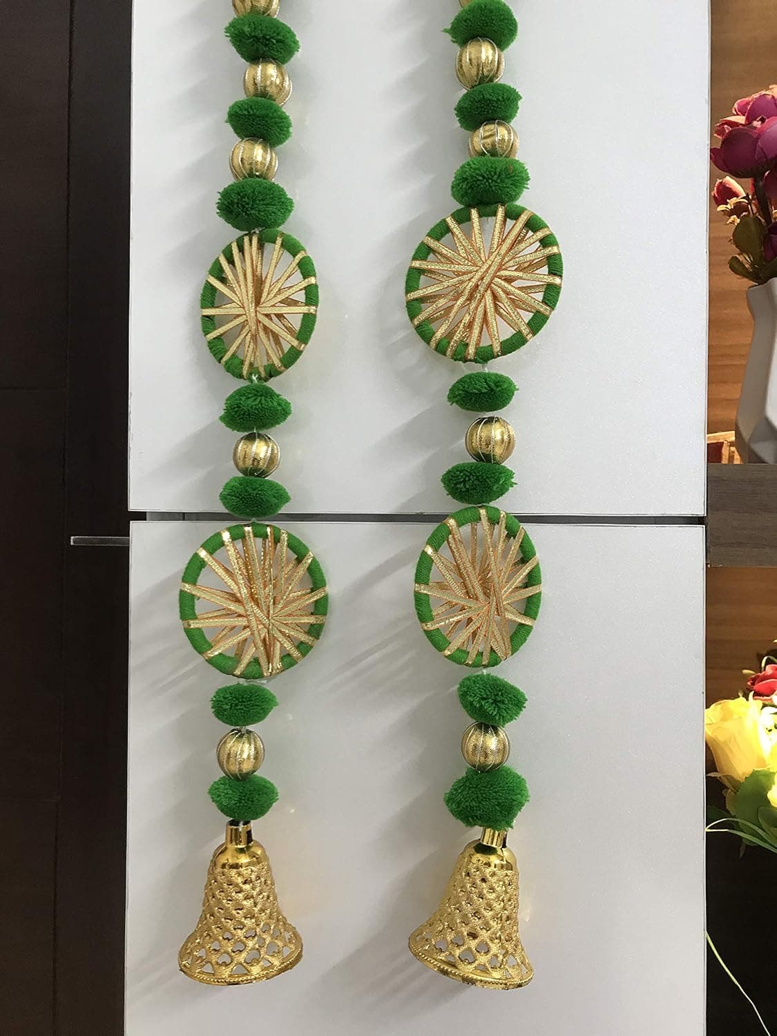 Aahum Handmade Wall Door 35 ftStrings Green Hanging PomPom Chakri ToransGarland Bandhwar with Golden BellsDecoration Item for Home Decor Diwali FestivalNavratriWedding One Pair 35 FT 2 Strings