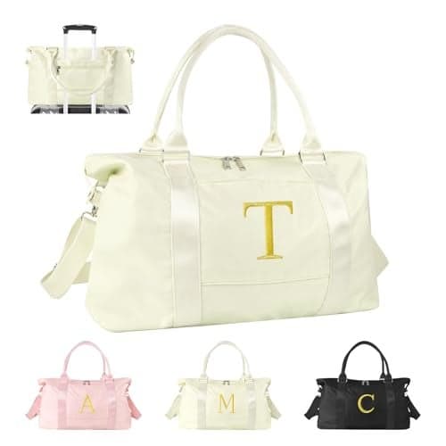 Personalized Initial Gym Dance Bag Travel Duffel Bag for Teen Girls Carry On Bag Overnight Weekender Bag with Trolley Sleeve Birthday Gifts for Women Mom Daughter Graduation GiftLetter T Beige