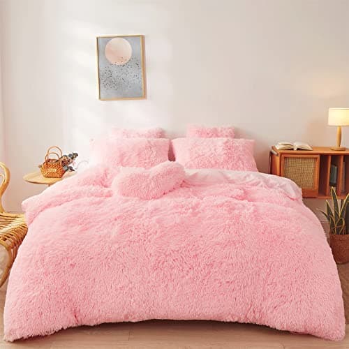 Fluffy comforters Cover Twin Size - Ultra Soft Plush Pink Bedding Sets 2 Pieces (1 Faux Fur Comforter Cover + 1 Fuzzy Pillow case) Girls Shaggy Pink Twin Bed Set (Light Pink, Twin)
