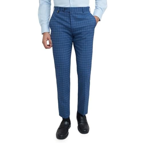 Park Avenue Men's Neo Fit Polyviscose Blend Checks Pattern Flat Front Dark Blue Trouser