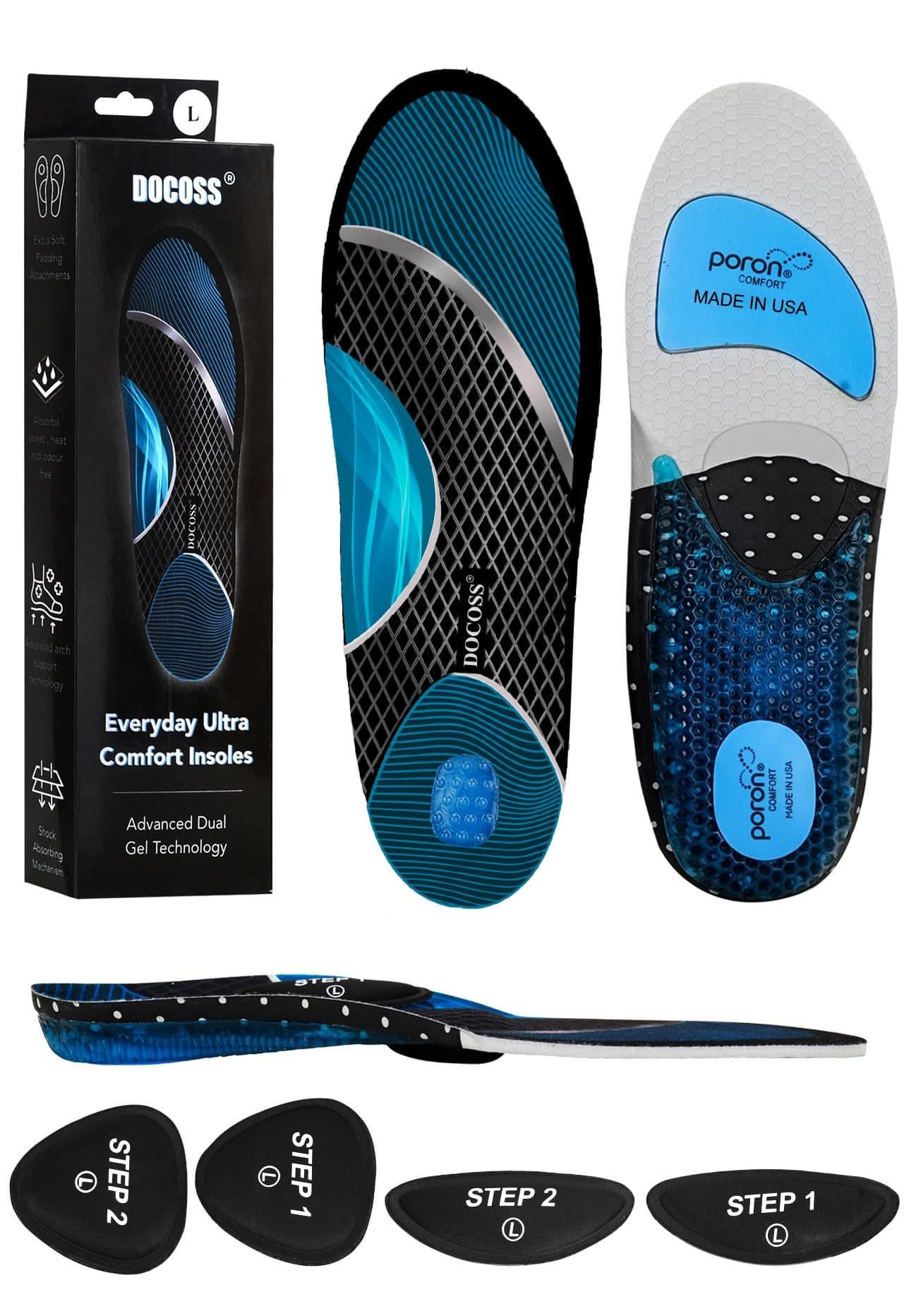 DOCOSS x Poron(USA Make) Gel Insoles For Men,Women Orthopedic Insole for Flat Feet with Attachments For Extra Comfort & Patented Dual Gel Design, Medial Arch Support Footwear,Ideal For Loose Shoes or Replacing Existing Insoles/Inserts, Shock Absorbing Foot Sole Pain Relief (Small /UK 3-6/EU 35-40)