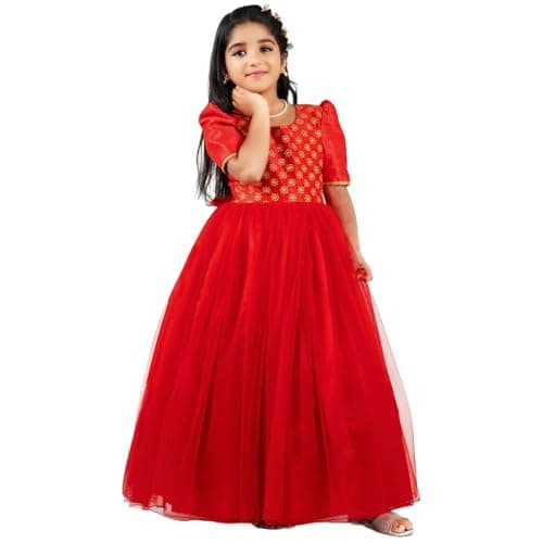 Stanwells Kids Girls Shade Premium Embroider Maxi Full Length Frock Ruffle Pattern Back Zipper Beautiful Puff Cap Sleeve Baby Girls Silk Birthday Perfect Long Gown Dress Frock Red (6-7 Years)