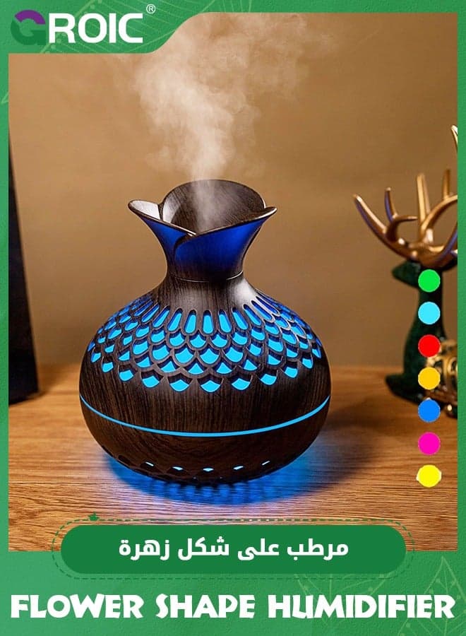 Wood Grain Humidifier 300ml with 7 Colors LED Night Light, Flower Shape Humidifier 2 Mist Modes Super Quiet, USB Desktop Humidifier for Car, Office Room, Bedroom, Office, Travel (Darkwood)