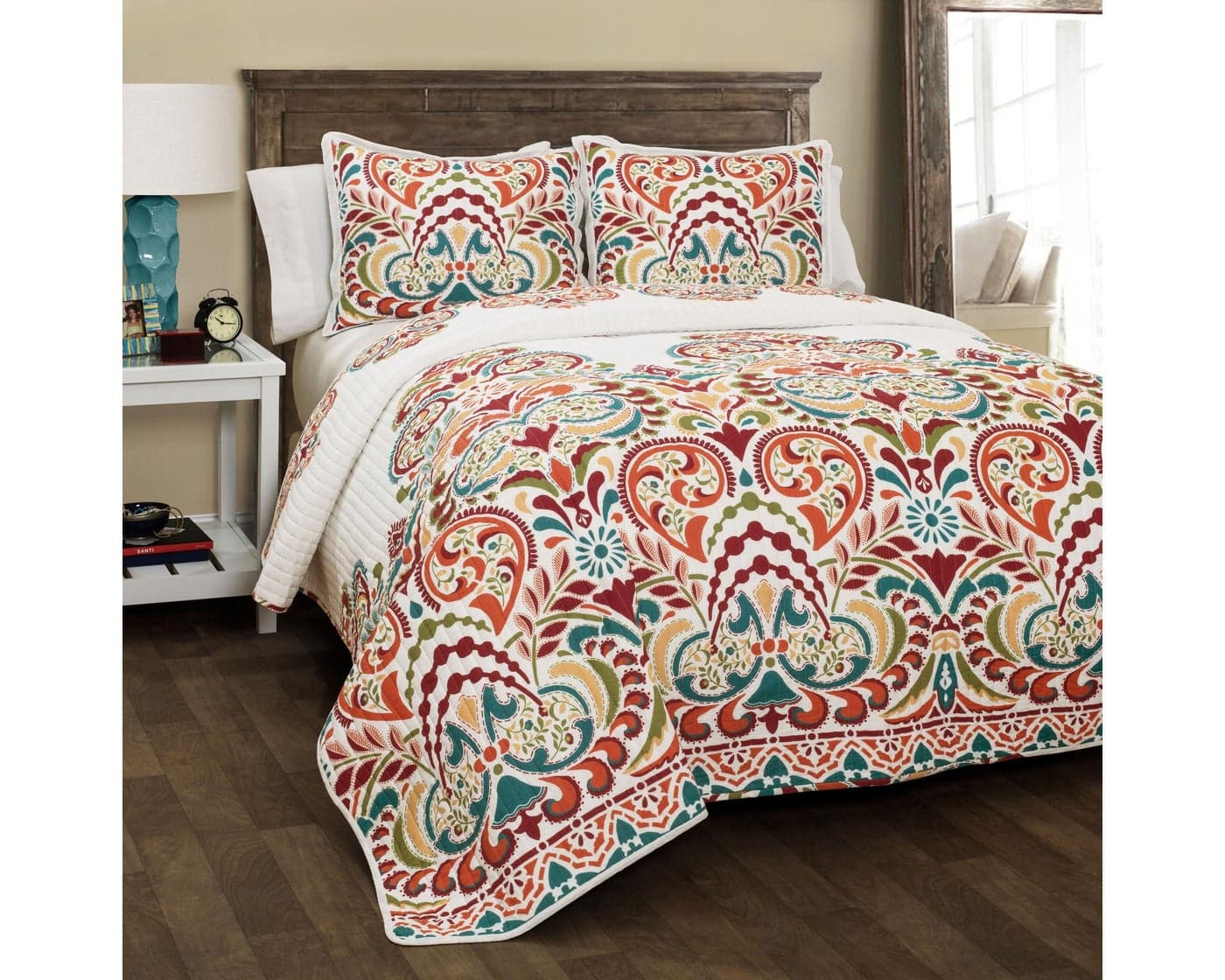 Lush Decor Clara Quilt 3 Piece Reversible Bedding Set FullQueen Turquiose Tangerine