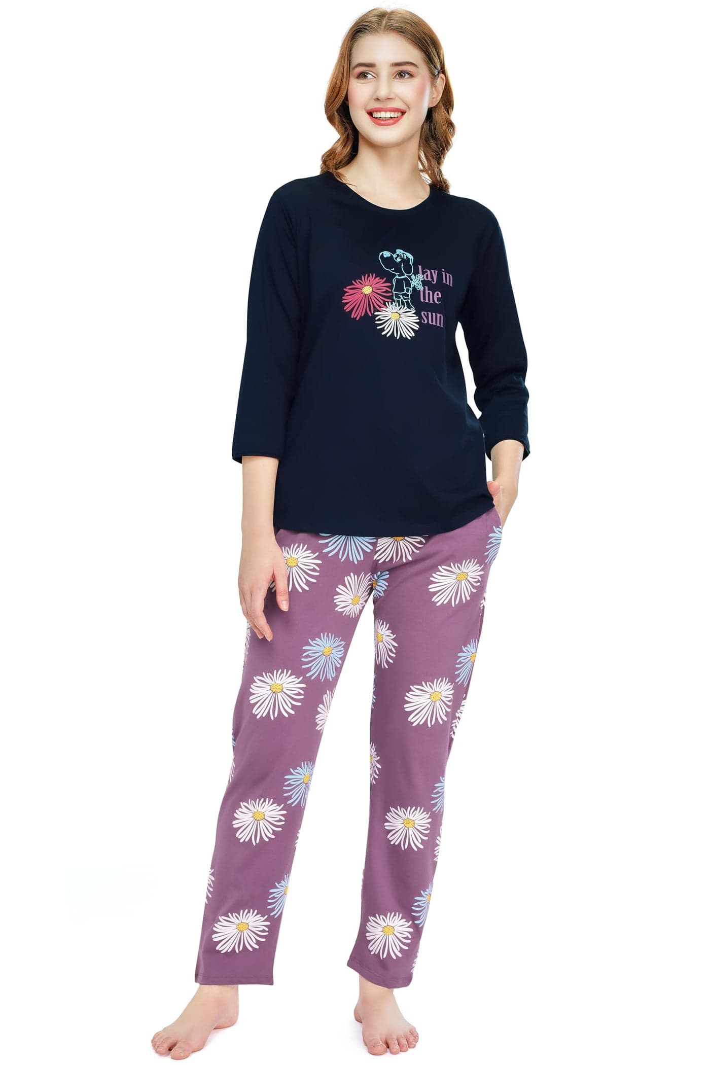ZEYO Night Suit for Women's Navy Blue Floral Printed Cotton Night Dress of Top and Pajama Set 5785
