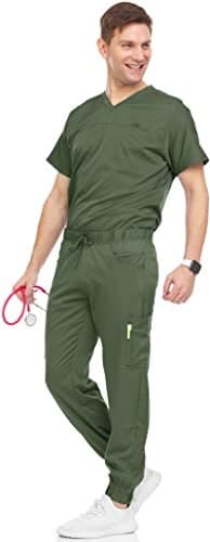 MediChic Men's Scrubs Set – Stretch V-Neck Workwear, 7-Pocket Jogger Pants, Flex Medical Uniforms, Olive Medium