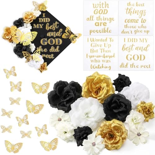 Knitgrip 31 Pcs DIY Graduation Cap Decorations Kit Faux Flower Heads 3D Butterfly Stickers Graduation Quotes Glitter Decals for Grad Hat Topper Nursing Graduations PartyBlack White Gold