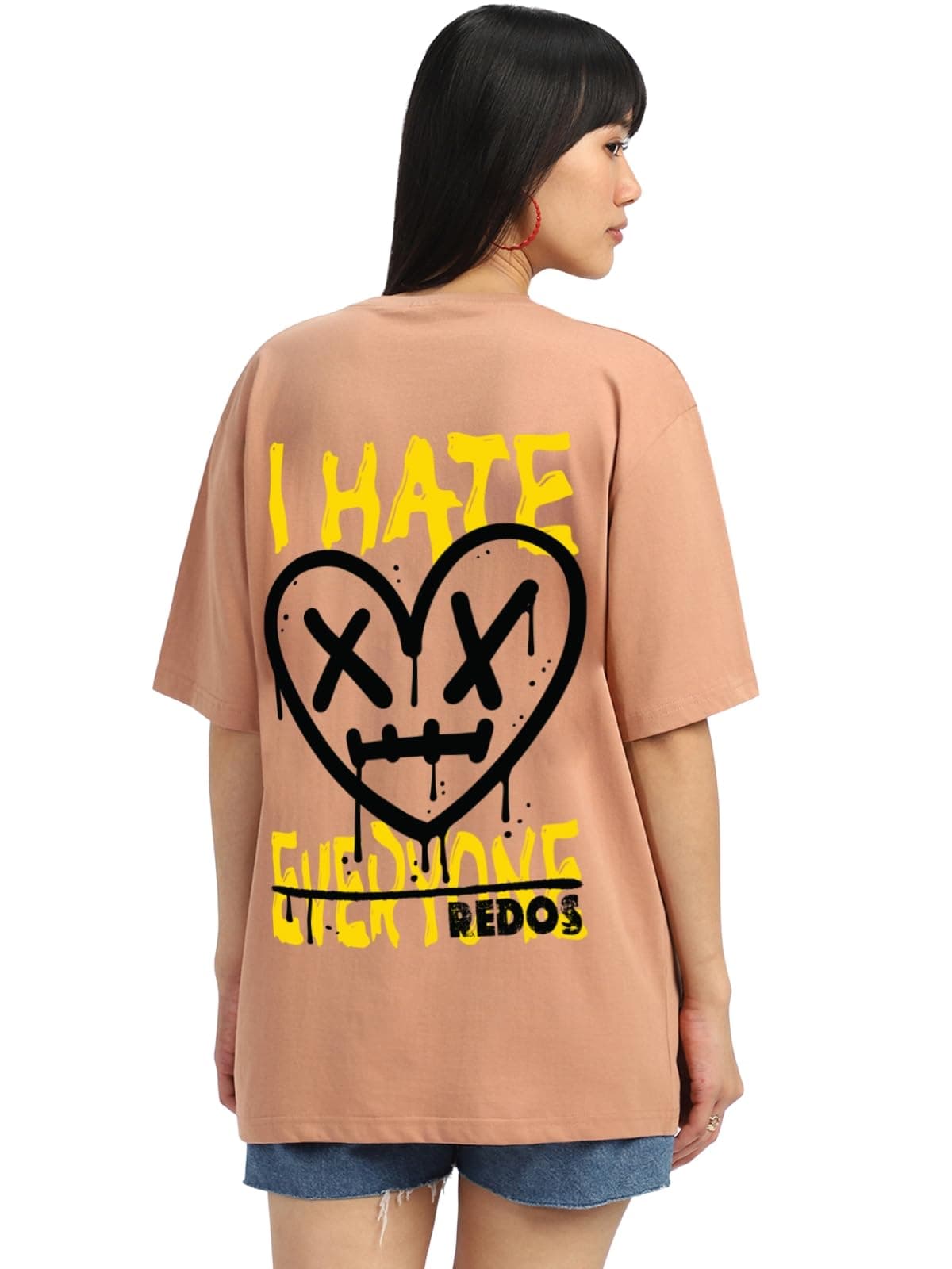 JUNEBERRY® Pure Cotton Oversized Baggy Fit I Hate Everyone Graphic Printed Cork T-Shirt for Women (OS_J_IHTEVRYON_CR_M)