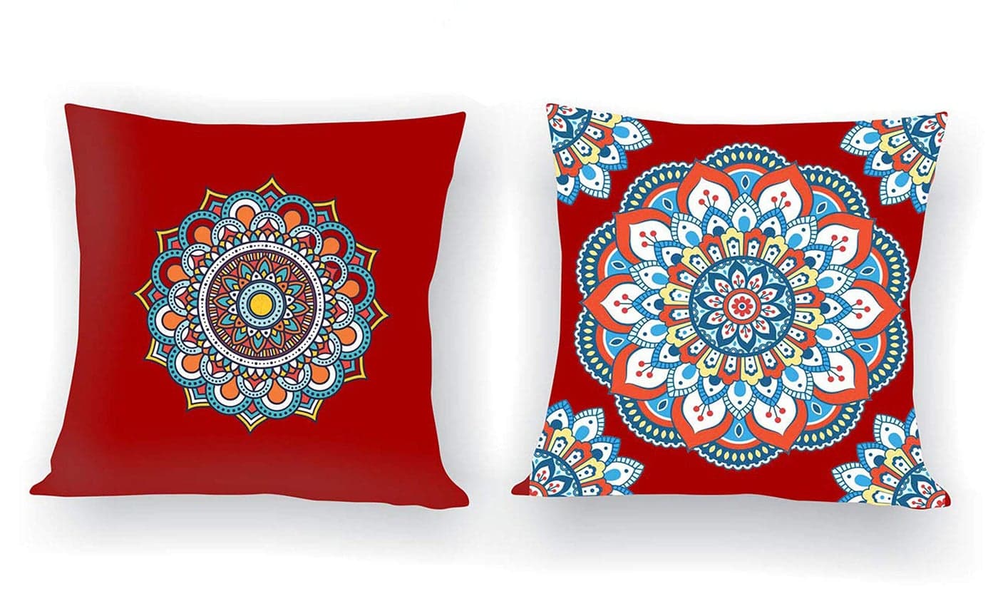 IMFAB Rangoli Digital Canvas Cotton Cushion Cover Red Set of 2 pcs (16X16 inches)