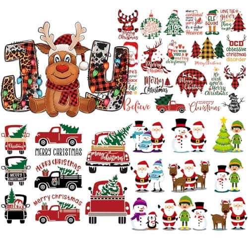 Xmas Iron on Stickers Christmas Patches Santa Claus Decals Snowman Deer Christmas Hat Christmas Tree Bell Penguin Pickup Gloves Heat Transfer Appliques for Clothing DIY Decor 4Pcs