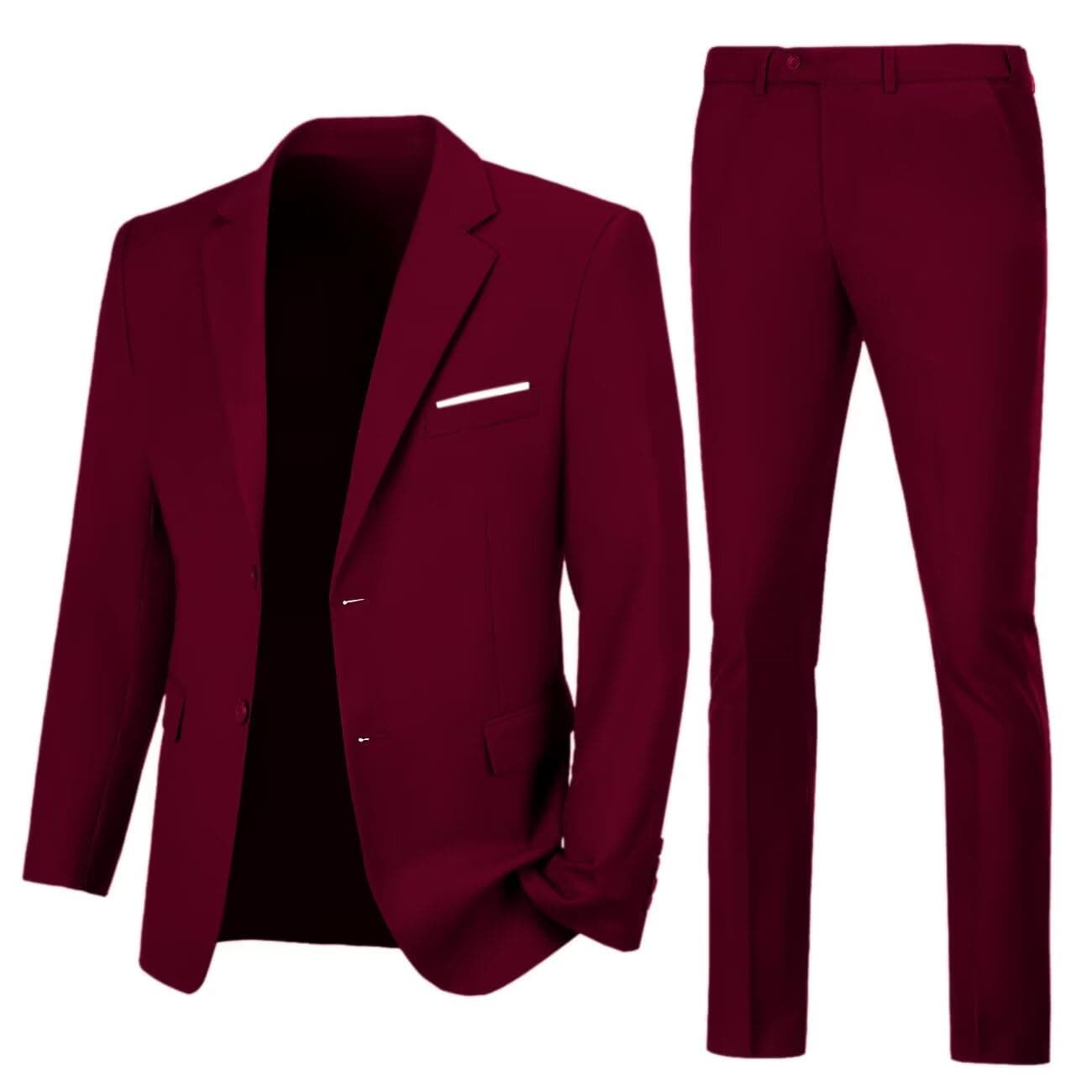 Mens Suit 2 Piece Slim Fit Suit Formal Wedding Solid Color Prom Tuxedo Suits Jacket Pants Two Button Dress Suit Jacket Blazer Pants Set Dark Burgundy S