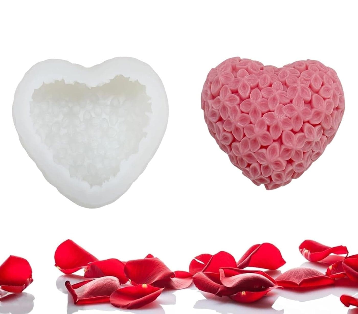 Shoppeecity 3D Heart Silicone Mould with Flower Pattern Shape Candle Making Silicone Molds 3D Rose Bloom Flower Heart Love Silicone Mold for DIY Handmade Chocolate Mousse Dessert Soap Cake Aromatherapy Resin Art Craft Making