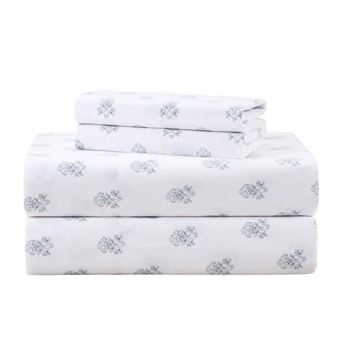Comfort Spaces 100% Cotton Sheets Queen, Breathable, Naturally Cool Cotton Sheets, Soft Cotton Bed Sheets with 14" Elastic Pocket Fits up to 16" Mattress, All Seasons Sheet Set, Floral Blue 4 Piece