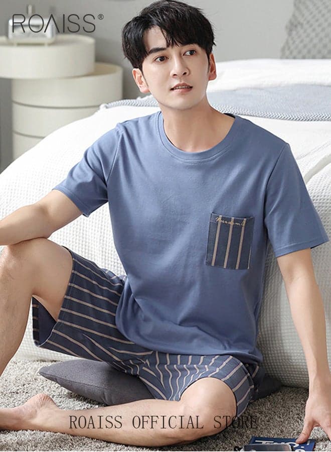 Men 2PCS Summer Pajamas Outfit, Soft Striped Loungewear Set with Short Sleeve Top and Elastic Waist Shorts, Skin-friendly Cooling Sleepwear Jammies for Men, Perfect for Sleeping or Lounging Around Your House