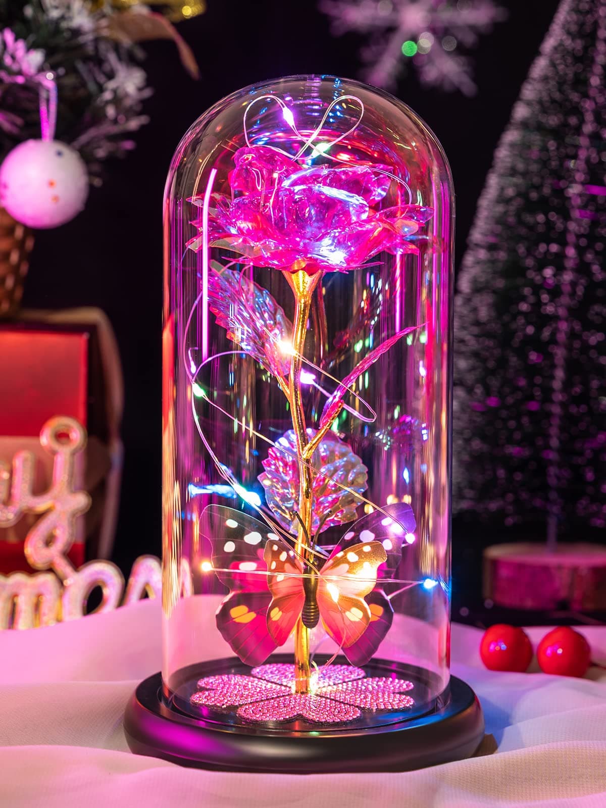 Mothers Day Rose Gifts for Mom Galaxy Glass Rose Forever Eternal Crystal Flower Light Up Rose in Glass Dome with Butterfly Mothers Day Birthday Gifts for Women Mom Wife Grandma Sister Daughter Pink