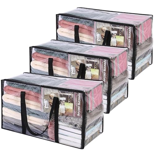 Vieshful 3 Pack Clear Comforter Storage Bag, 60L Clothes Storage Bag with Zipper Closet Organizer, Plastic Storage Containers Moving bags for Comforter, Blanket, Bedding, Duvet, Toys