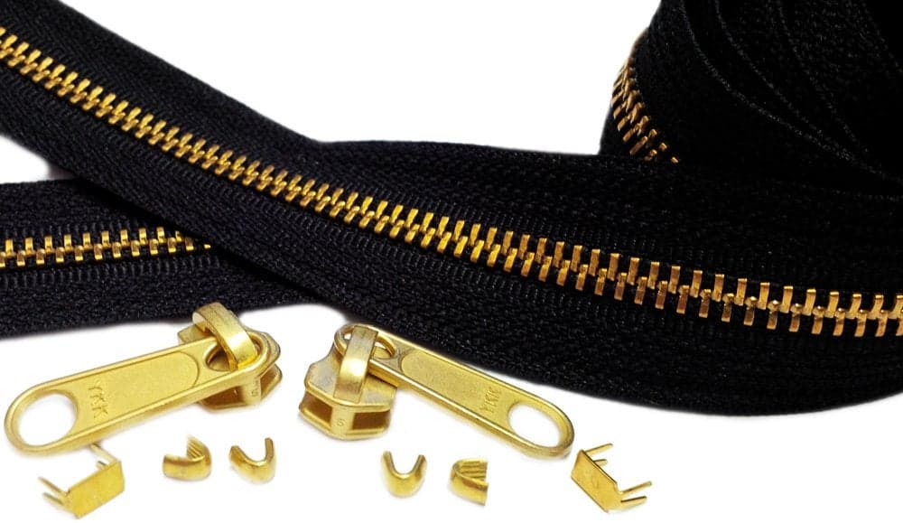 YKK® 10 Yards Brass Chain Zipper Replacement Black - YKK #5 with 10 Fancy Long Pull Sliders 30 Top Stops 30 Bottom Stops to Create Your Own Stunning Zippers - 100% Made in USA (10 Yards)
