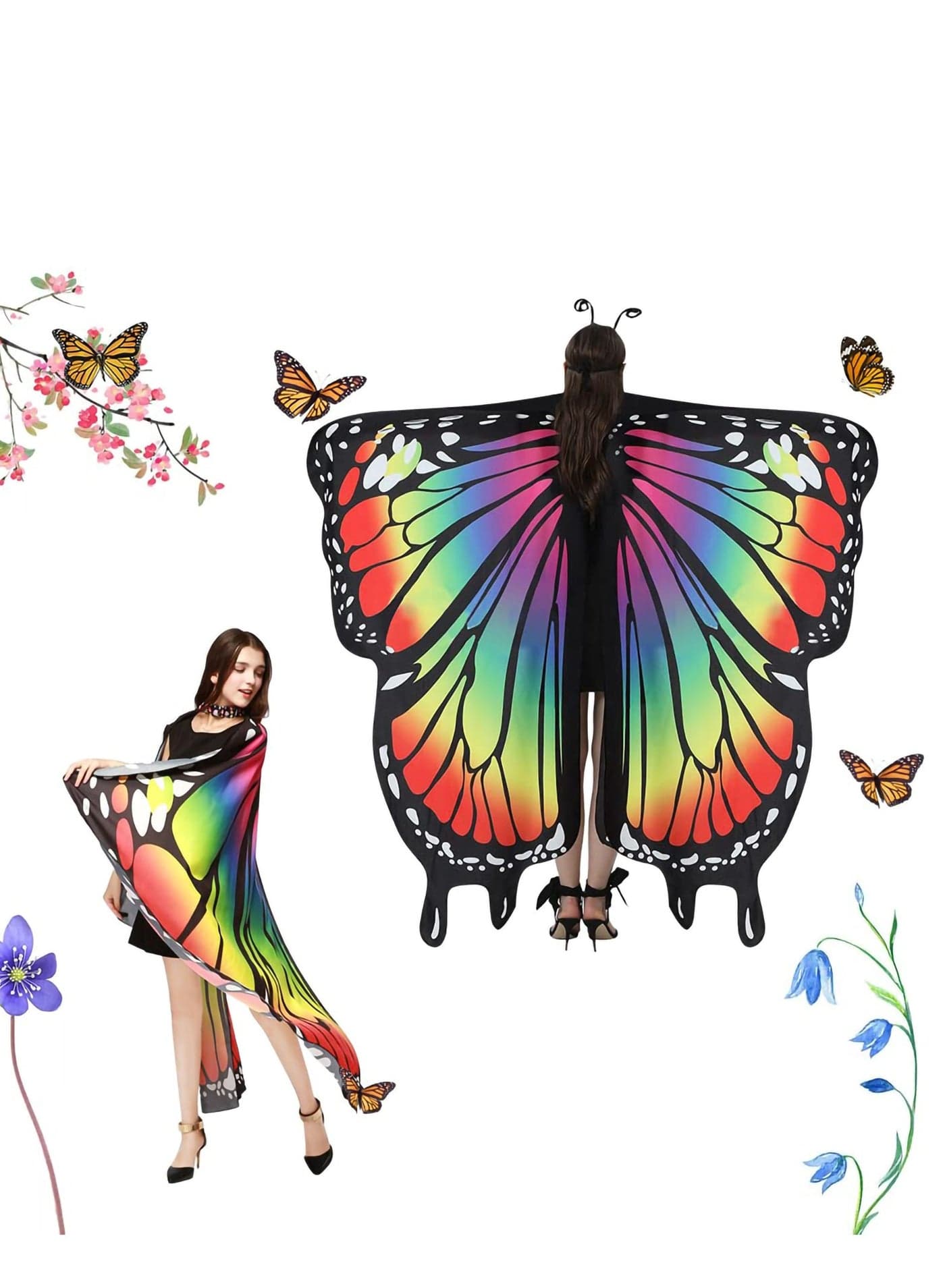 Butterfly Wings Adult Costumes Fairy Wing Cape Womens Shawl Colorful Nymph Pixie Costume Accessory for Cosplay Dancing, Red