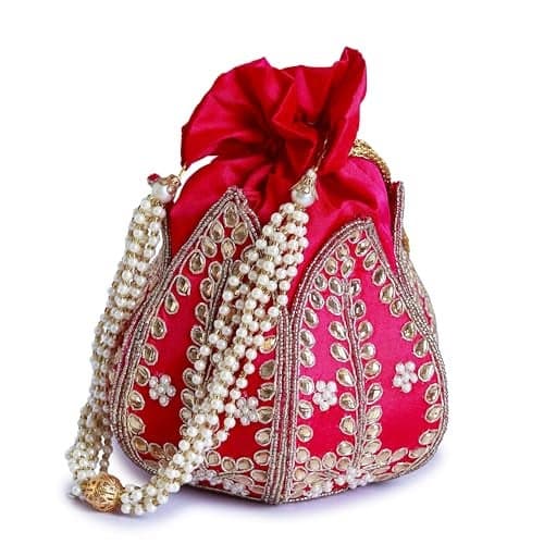 THE TAN CLAN Sindh Kundan Handwork Mini Lotus Potli Bag – Handcrafted Silk Pouch with Intricate Kundan & Lotus Embroidery for Weddings, Bridal Accessories, and Special Occasions (Sindh_Pink)