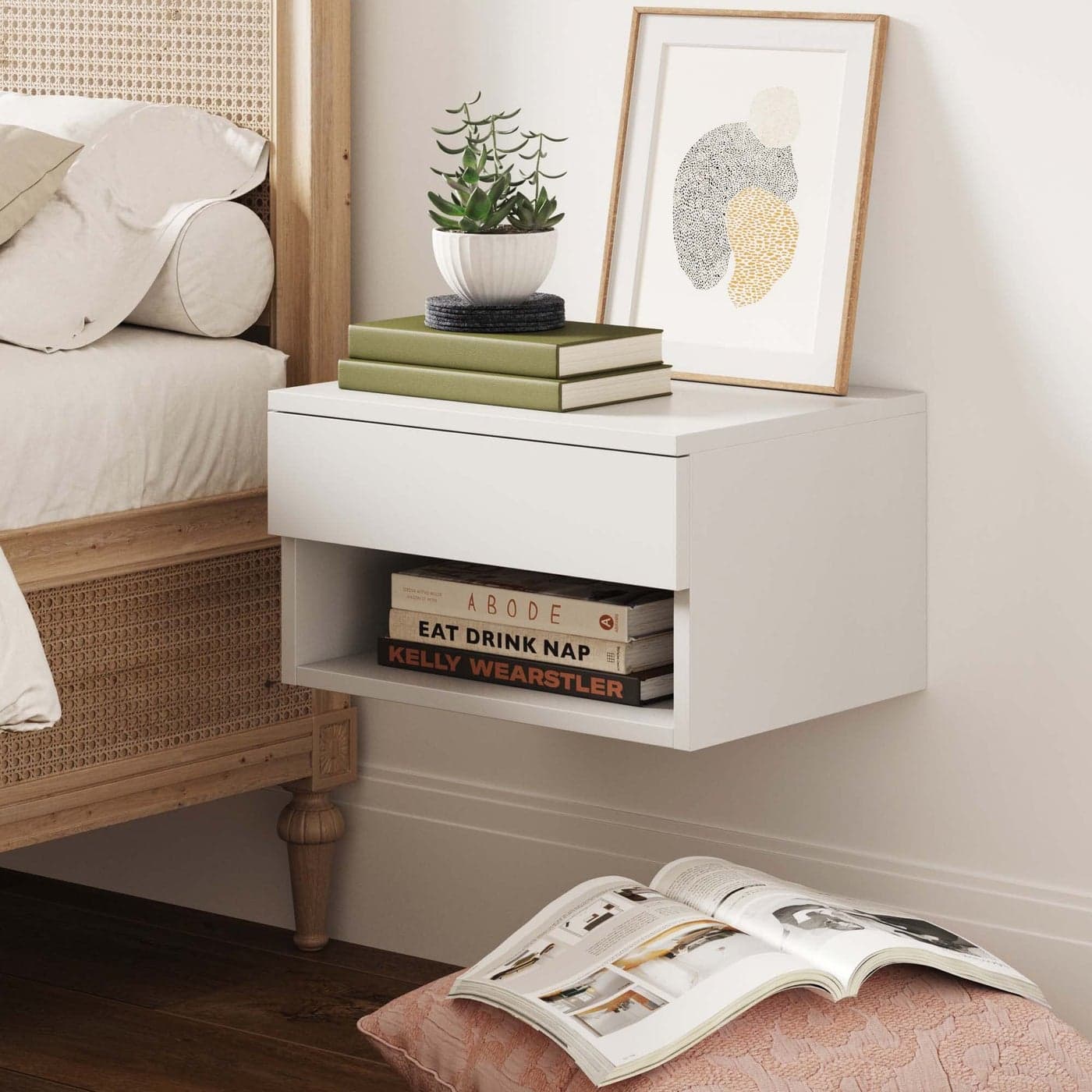 Nathan James Wall Mounted Floating Bedroom Nightstand with Storage Drawer and Modern Open Shelf Cubby White