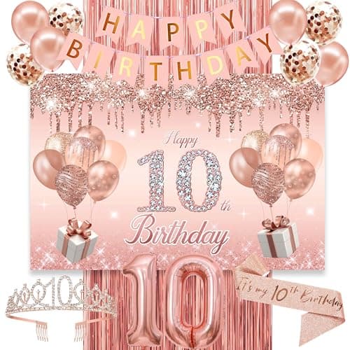 10th Birthday Decorations for GirlsBannerBackdrop its my 10th Birthday Sash Sweet Rhinestone Tiara CrownBalloons