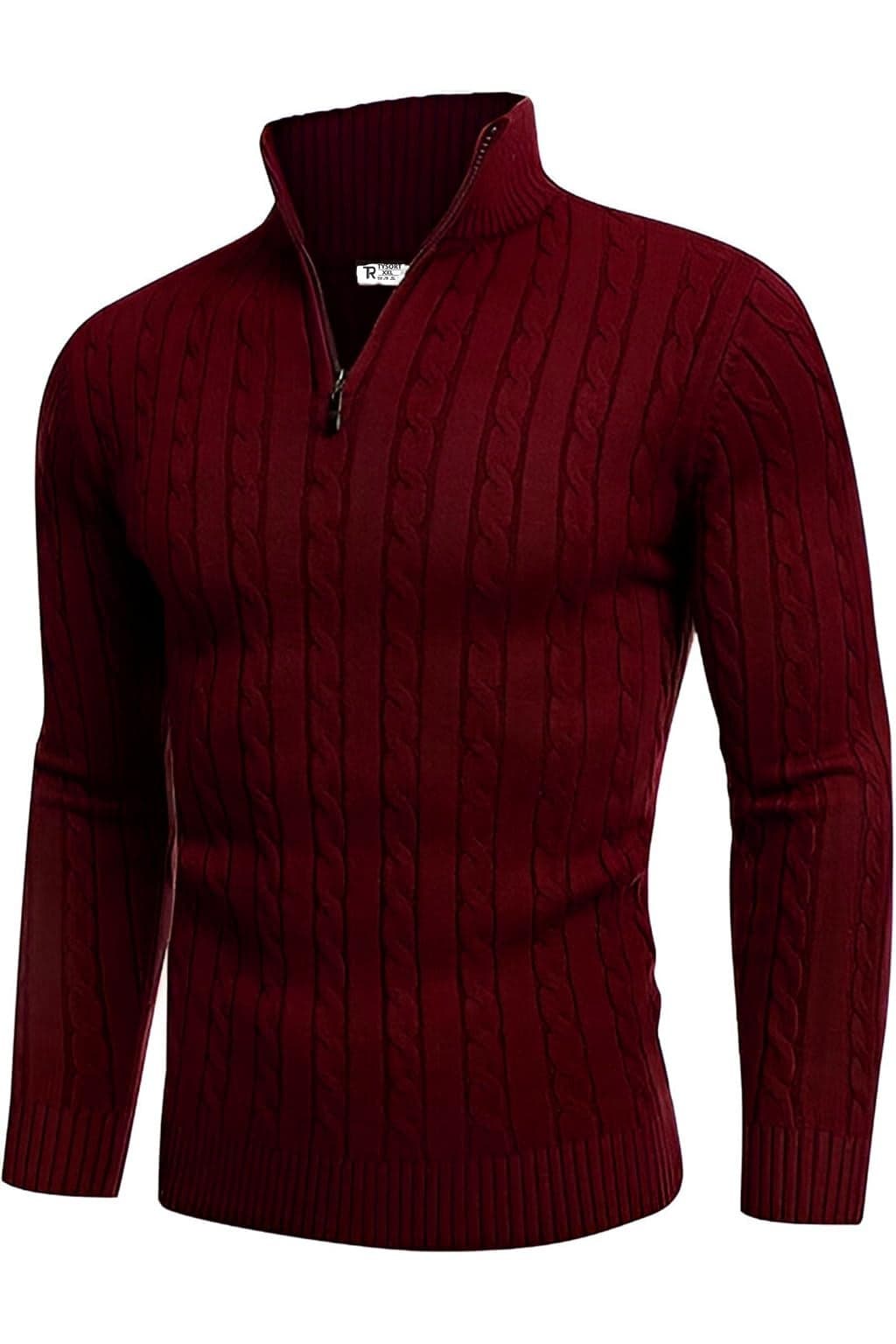 TYSORT Men's Acrylic Full Sleeve High Neck Half Zipper Sweater for Men, Cable Knitted Cardigan for Men Maroon