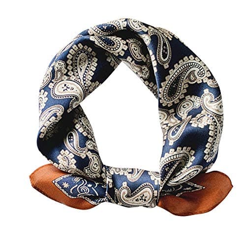 Pure Natural Mulberry Silk Scarfs Women Small Square Scarf 21" x 21" Breathable Lightweight Neckerchief Printed Headscarf (A-Blue + coffee-10)