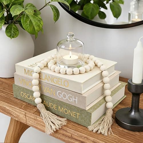 GYOSUGANG Aesthetic Decorative Books for Home Decor w. Wood Bead - Set of 3 Linen Fake Books for Decoration, Coffee Table Book Box Decor for Mantle/Bookshelf/Farmhouse/Entryway/Nightstand