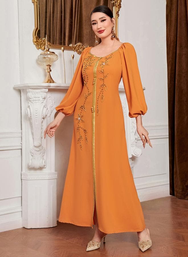 Women Orange Rhinestone Embellished Golden Trim Jalabiya