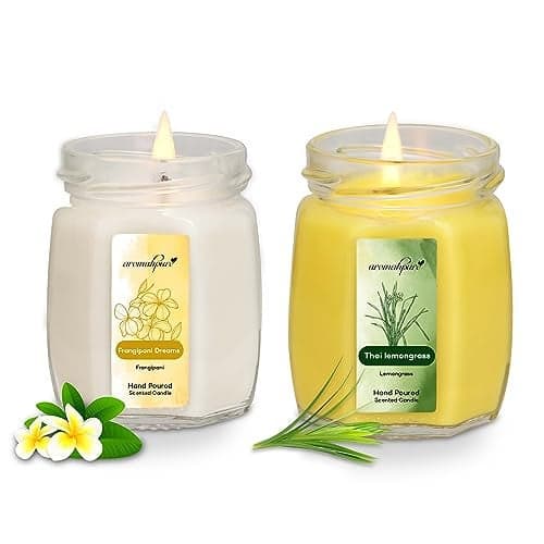 Aromahpure Scented Candles (50 Hours) (100% Soy Wax)- Handcrafted | Smoke-Free | Frangipani Dream- Frangipani, Thai Lemongrass- Lemongrass Fragrance Candles for Home & Gift Sets(Pack of 2)