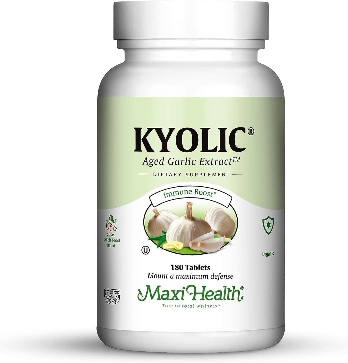 Maxi Health Kyolic Organic Garlic Supplement Kosher Garlic Tablets with Kyolic Aged Garlic Extract for Immune Support Vegetarian Garlic Pills 180 Count