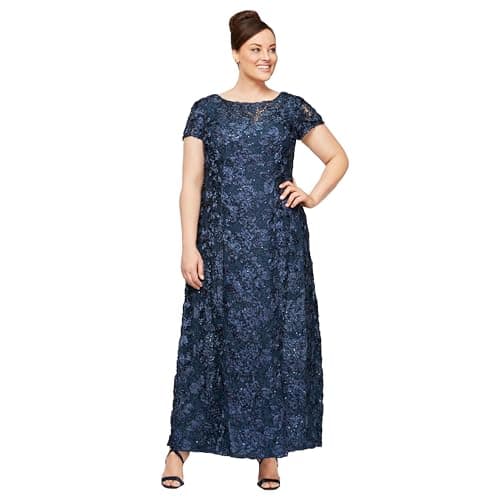 Alex Evenings Women's Long Rosette Mother of The Bride Dress with Short Sleeves, Wedding Guest, Navy, 18 Plus